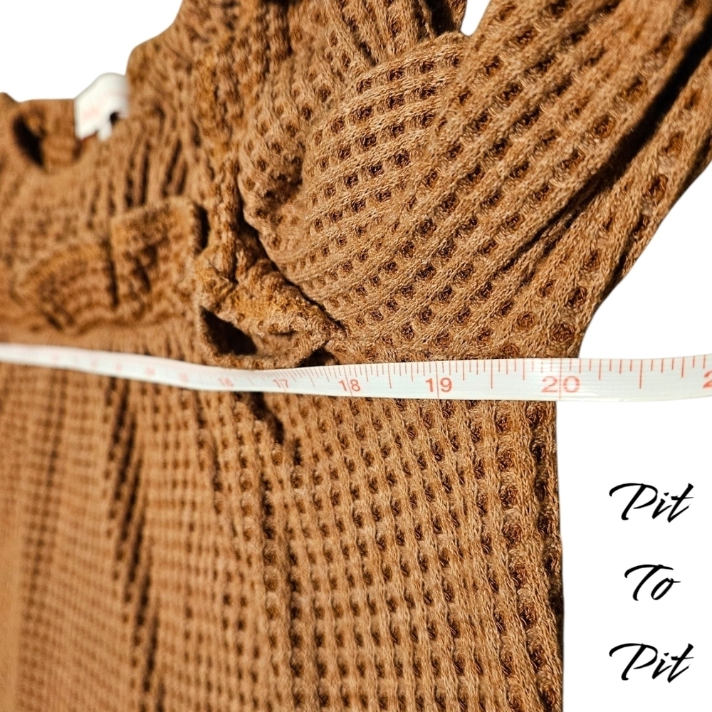 Hailey & Co Wmns M Waffle Knit Blouse Tan Boho Peasant Ruffle Bishop Sleeve USA - Picture 9 of 12